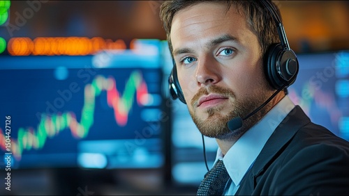 Serious Stock Trader Looks At Camera While On Trading Floor