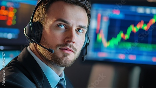 Serious Stock Trader Looks At Camera While On Trading Floor