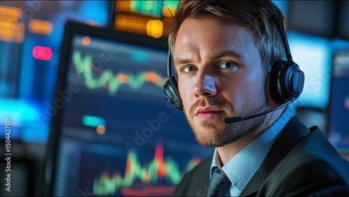 Serious Stock Trader Looks At Camera While On Trading Floor
