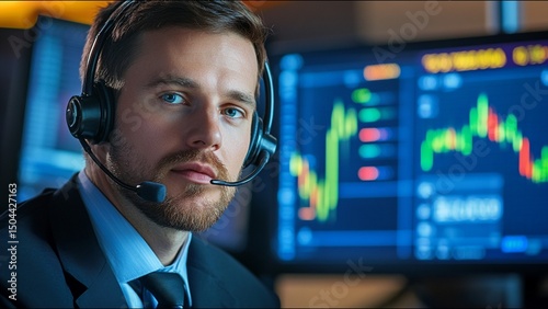 Serious Stock Trader Looks At Camera While On Trading Floor