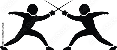 Fencing Duel Silhouette Vector. Sword Fight, Olympic Sport, Martial Arts Icon.