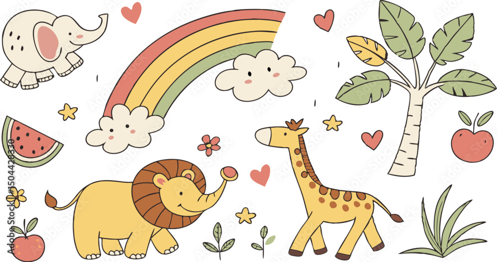 Naklejka premium Hand drawn Baby design for textile, posters, cards. Cute Baby animals pattern. Fabric baby design. Vector illustration with cute animals. Nursery baby pattern illustration of a variety Animels.