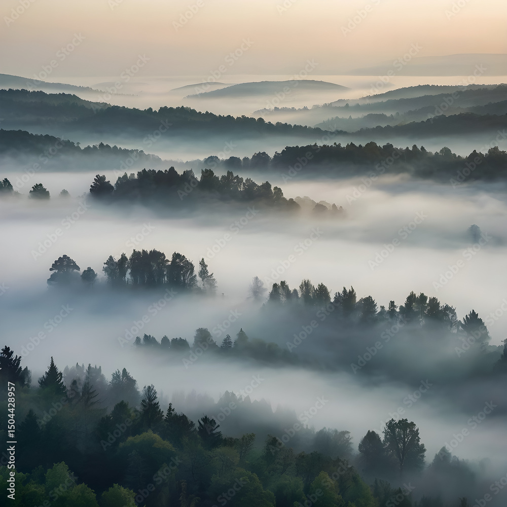 Fototapeta premium Tranquil landscape with morning fog gently covering a natural scene. Soft, muted colors create a peaceful and calming atmosphere, evoking a sense of quiet stillness in nature.