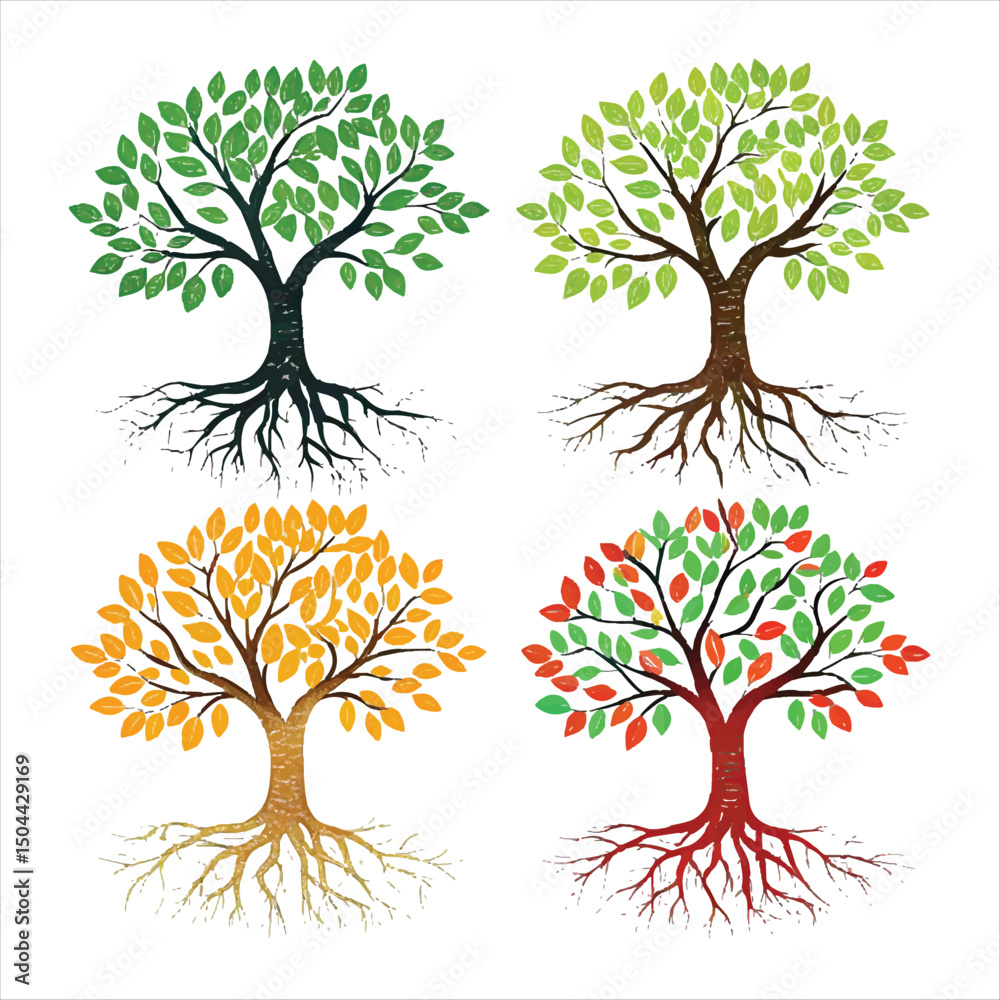 Obraz premium abstract colorful tree with roots set of tree wit.