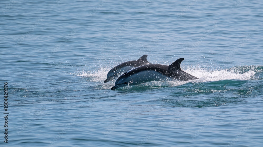 Fototapeta premium Two dolphins leaping in ocean