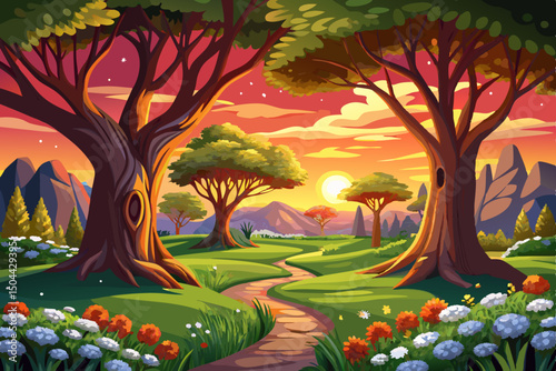 Beautiful spring landscape vector. Park with old trees, green grass and dandelions at sunset time illustration