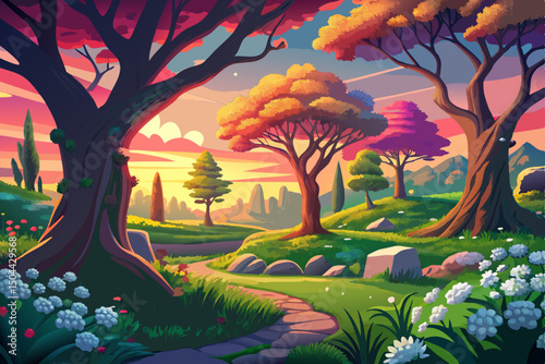 Beautiful spring landscape vector. Park with old trees, green grass and dandelions at sunset time illustration