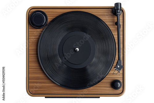 Stylish wooden turntable with black vinyl record player old hifi home on transparent background