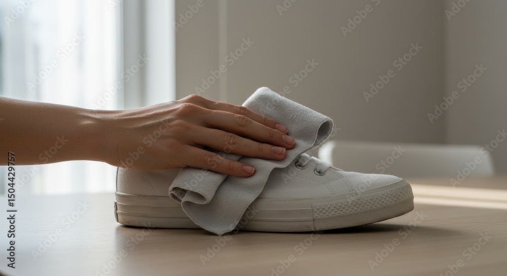 Fototapeta premium Hand Cleaning Canvas Shoe with Cloth – Everyday Footwear Hygiene