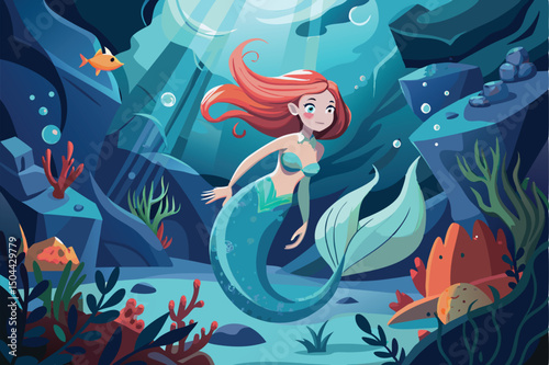 Underwater cartoon vector illustration of a swimming mermaid with fish in the blue ocean, showcasing marine beauty and fairy tale life