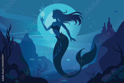 A blue vector illustration shows a mermaid swimming with a dolphin in the deep sea at night, illuminated by light from above