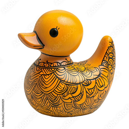 Adorable yellow wooden duck figurine with intricate black design on transparent background toy art
