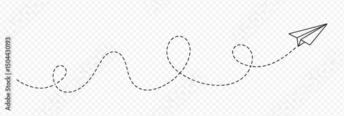 Paper Airplane Illustration with a Curved Dashed Flight Path Representing Playful Movement and Direction on Transparent Background