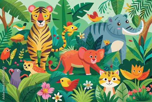 Cartoon animal illustration vector art of funny baby animals like lion and elephant having fun in the green nature of a jungle with flowers and trees