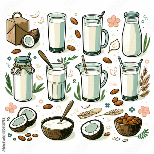 Illustration of various milk types including nuts, coconuts, and grains with decorative elements