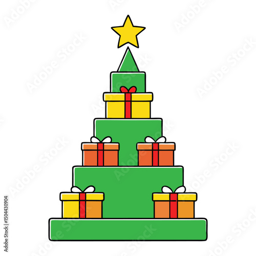 A festive stack of colorful gifts arranged in the shape of a Christmas tree, topped with a star, creating a joyful holiday display full of cheer and celebration.
