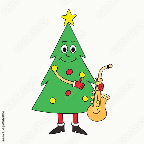 A festive Christmas tree playing a golden saxophone, decorated with lights, ornaments, and musical notes, spreading holiday cheer through jazzy melodies.
