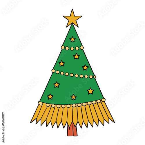 Elegant Christmas tree adorned with shimmering gold fringe and twinkling stars, radiating festive charm and holiday warmth in a magical, wintery setting.

