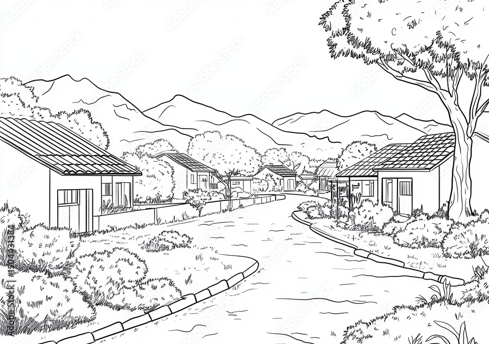 Fototapeta premium Serene Suburban Street Sketch