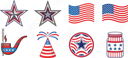 A patriotic vector set of american themed icons and elements for independence day celebrations