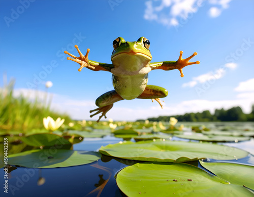 Majestic, Realistic Frog Jumping High Off of a Small Lilypad