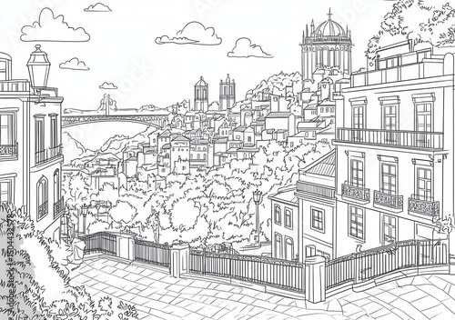 Panoramic Sketch of a Hilltop Cityscape