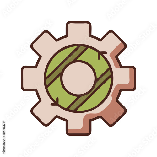 Stylized gear icon featuring a green and beige color scheme for mechanical design
