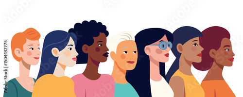 Banner with female portraits of different nationalities and ages. Side view of multi-ethnic women group