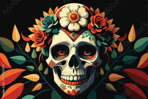 Sugar Skull with Floral Wreath. A Day of the Dead Masterpiece