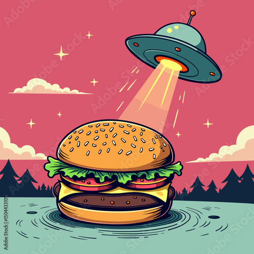 Cartoon burger being abducted by UFO in a whimsical landscape  