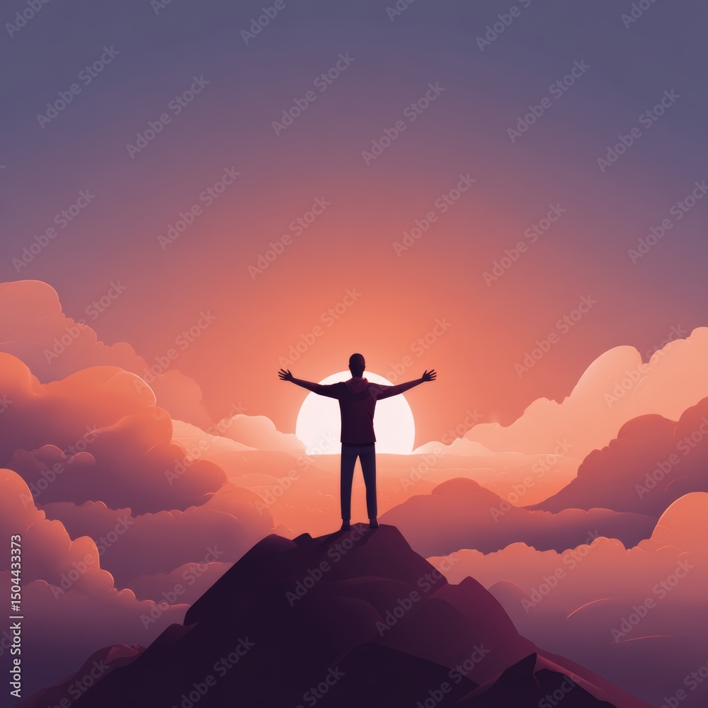 Individual standing on a mountain peak, arms outstretched towards the rising sun, surrounded by soft clouds and a vibrant sky, symbolizing freedom and personal achievement Individual standing on a mountain peak, arms outstretched towards the rising sun, surrounded by soft clouds and a vibrant sky, symbolizing freedom and personal achievement