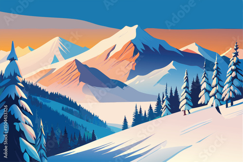 Majestic Winter Mountain Landscape. Sunset over Snow.Covered Peaks