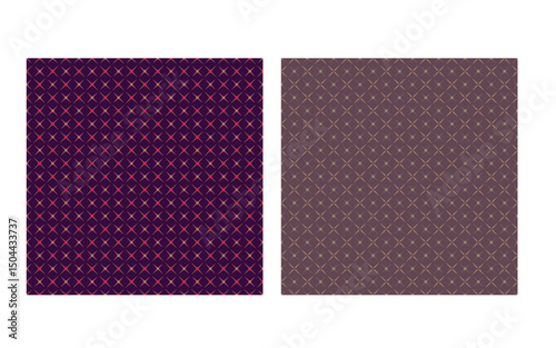 A seamless geometric pattern featuring star-like shapes in pink and gold tones, set against a deep purple background. Ideal for wallpapers, textiles, packaging, and digital design projects.
