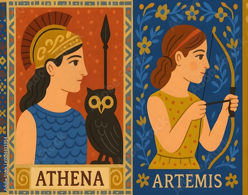 Athena and Artemis – Greek Mythology Goddess Illustration with Floral and Ornate Border