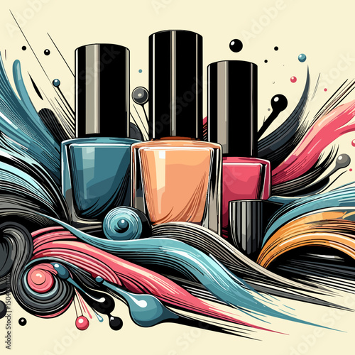 Artistic composition of nail polish bottles surrounded by colorful swirls and splashes