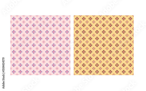 A light and cheerful seamless floral pattern with stylized flowers in pink and purple shades on a pastel pink background. Perfect for spring themes, children's products, fabric, and stationery.