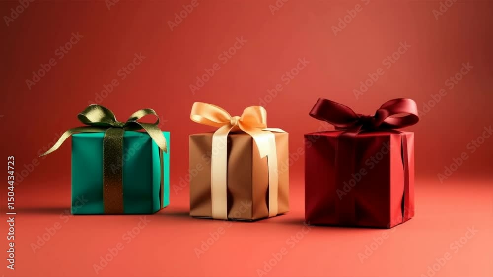 Three beautifully wrapped gift boxes in vibrant colors on a simple red background, perfect for celebrations.