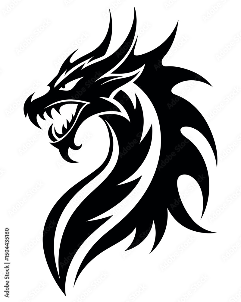 Tribal Dragon Head Illustration Fierce, Black Ink Design Tribal Dragon Head Illustration Fierce, Black Ink Design