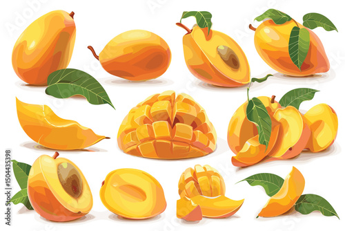 Set of various fresh mango fruits whole, half and cubic slices illustration isolated on white background.