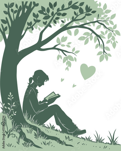 Serene Girl Reading Underneath a Tree Silhouette Illustration