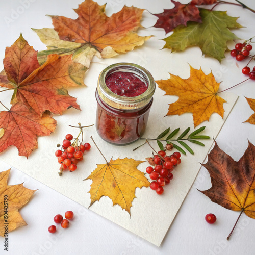 Jar of berry jam surrounded by colorful autumn leaves and red berries on white surface