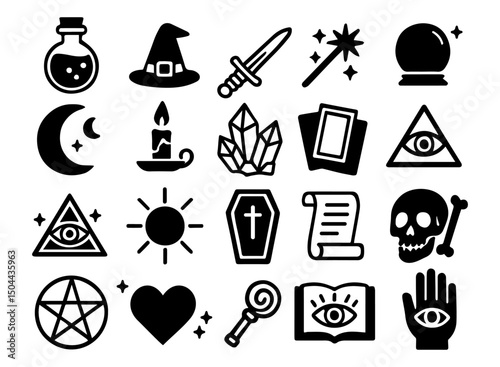 Set of gaming doodle icons. Black and white vector of sword, magic, potion, witchcraft. Magic concept