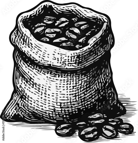 Black and white vintage illustration of a burlap sack filled with coffee beans, some spilling out, symbolizing raw coffee harvest, rustic coffee trade, and traditional coffee storage