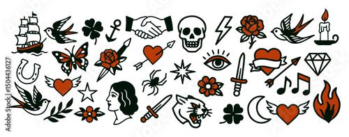 Vector Collection of old school tattoo elements. Traditional, Retro style. Butterfly, Fire, Heart, Rose, Swallow and Skull