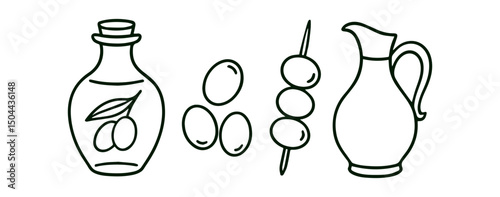 Simple line art of olives. Vector olive, olive oil, jug.