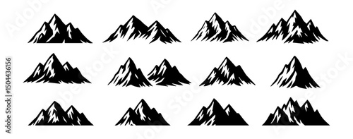 Set of black mountain peaks silhouettes. Vector isolated on white background 2025.