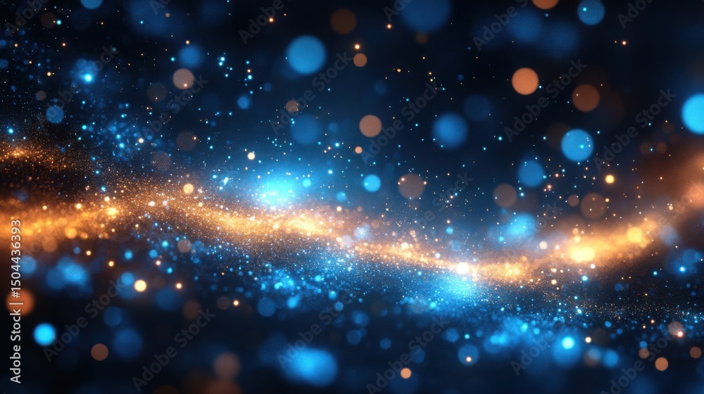 Obraz premium Abstract Background Blue and Gold Glittering Particles Sparkling Lights Bokeh Effect