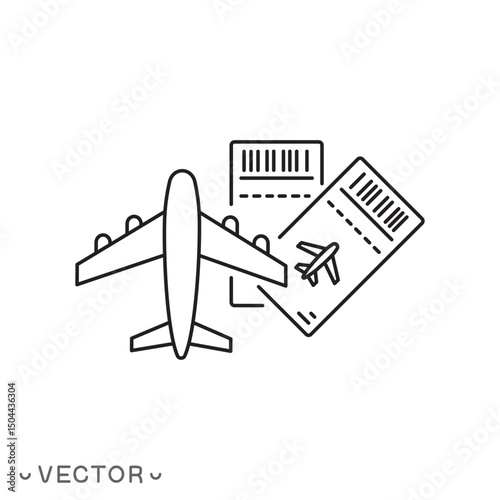 airplane ticket icon, plane boarding concept, airline open flight, thin line symbol isolated on white background, editable stroke eps 10 vector illustration