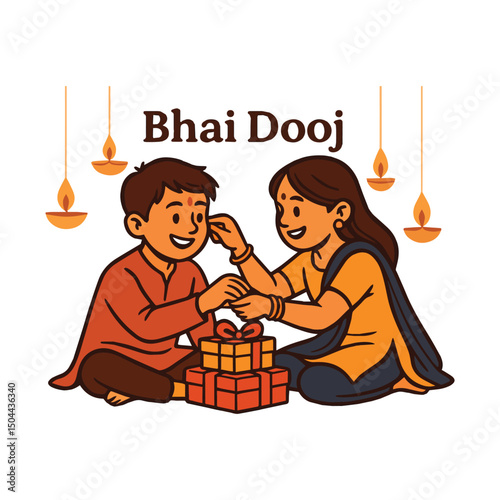 Happy Bhai Dooj Celebration: Brother and Sister Exchange Gifts Art & Illustration