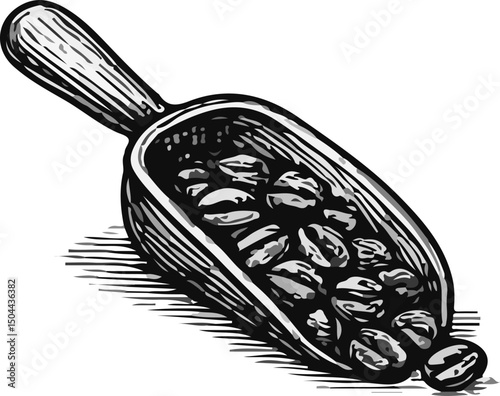 Black and white vintage illustration of a wooden coffee scoop filled with coffee beans, symbolizing coffee preparation, fresh beans, artisanal coffee culture, and rustic coffee tools